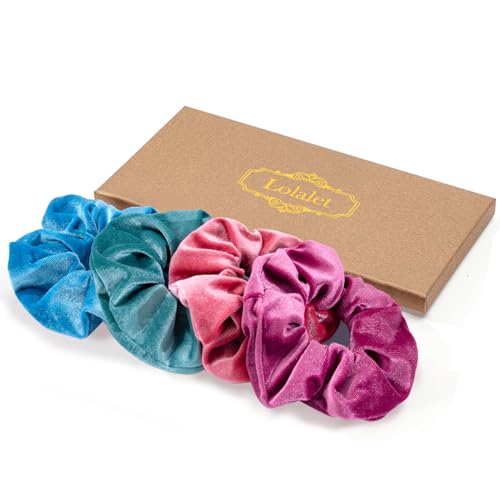 Lolalet Large Velvet Scrunchies Pack of 4 - Multi Color Hair Bands for Women & Girls, Thick Curly Hair Ponytail Holders - Style C Blue, Pink, Purple