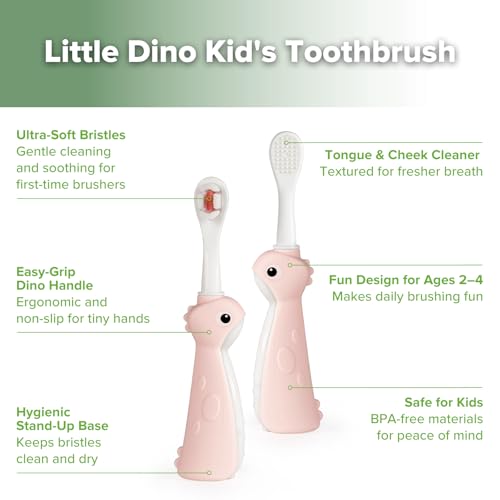 Haakaa Dinosaur Toothbrush for Kids 2-4 - Pink 2 Count with Silicone No-Slip Handle, Tongue Cleaner