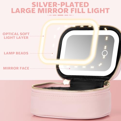 Pink Mini Makeup Bag with LED Mirror, Travel Cosmetic Organizer with 3 Light Modes