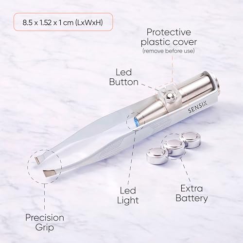 Sensica Eyebrow Tweezers with Light ? LED Lighted Tweezers for Women Facial Hair ? Precision Eyebrow Plucking Slant Tip Stainless Steel Tweezer with Long Arms & 3 Extra Batteries