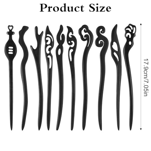 10 Pcs Vintage Wooden Hair Sticks for Women - Chinese & Japanese Bun Pins