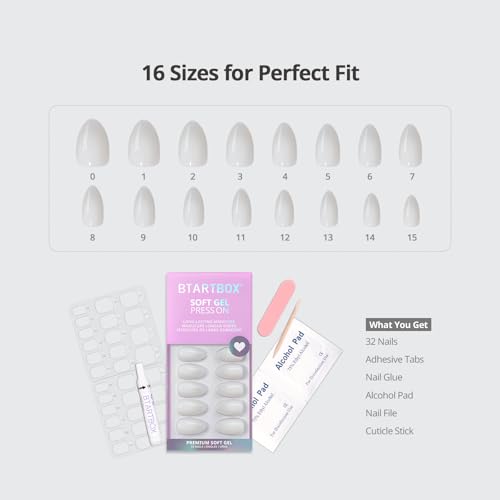 BTArtbox Press On Nails - Cream Puff, Short Almond, Ombre Off White - 32ct Complete Kit
