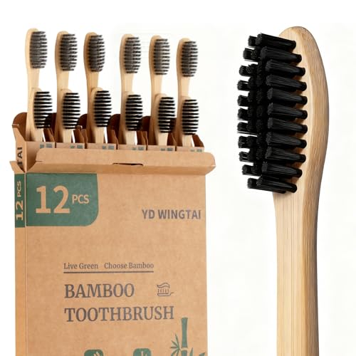 Bamboo Toothbrush Set of 12 - Natural Organic Charcoal Brushes