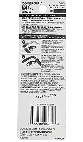 CoverGirl Easy Breezy Brow Fill+Define Pencils Rich Brown Pack of 4 - Water Resistant Eyebrow & Eye Makeup