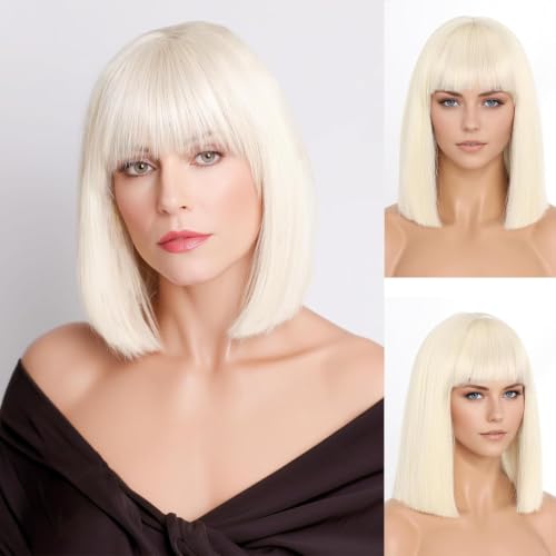 SeclitWu Blonde Bob Wigs for Women Short Straight Synthetic Heat-Resistant Hair, 12 Inch Bangs Cosplay & Daily Use