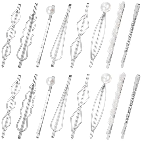Silver Geometric Hair Pins Set - 16 Dainty Hair Barrettes for Women & Girls