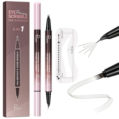 Pudaier Deep Brown Waterproof Microblading Eyebrow Pen & Stamp Kit, 2-in-1 Eyebrow Pencil & Precise Brush, Natural Hair-Like Finish