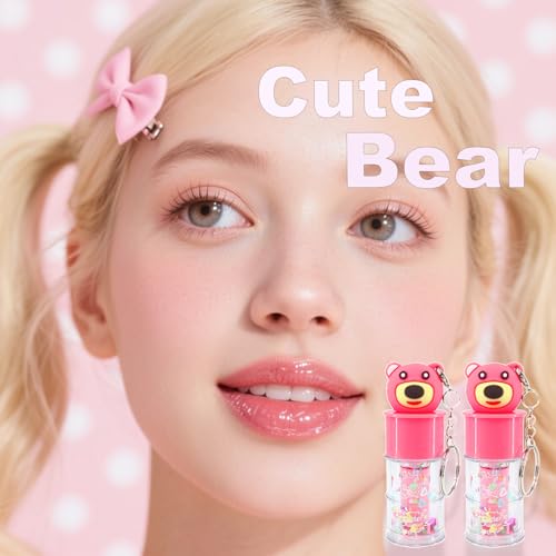 6 Pcs Hydrating Shimmer Lip Gloss Set with Cute Bear Keychain Design