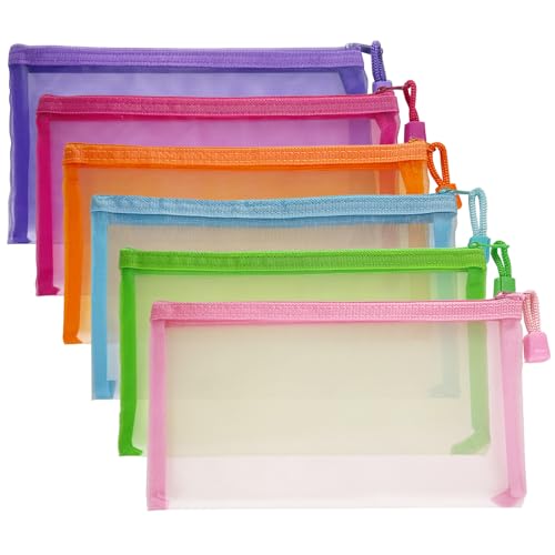 6 Pack Nylon Mesh Zipper Makeup Pouches - Travel Organizer Bags