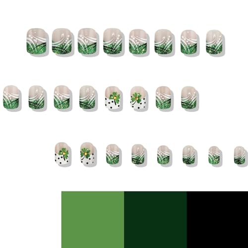 French St. Patrick's Short Press-On Nails with Shamrock & Glitter - Green Lucky Clover Nail Art