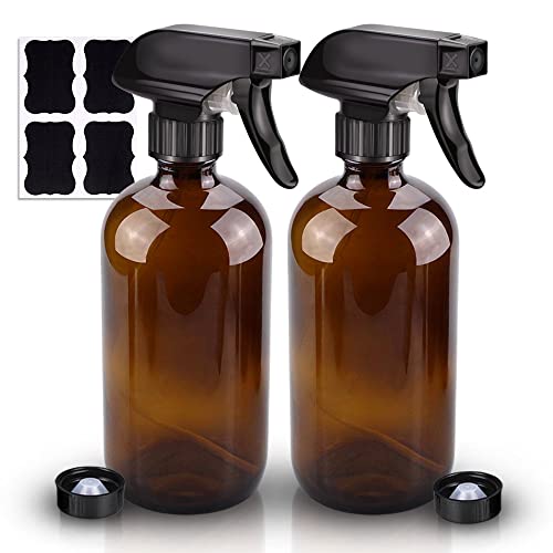 Wedama Amber 16 oz Glass Spray Bottles (2 Pack) with Adjustable Nozzles for Cleaning, Oils & Hair Care