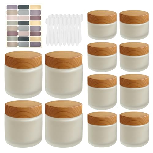 12 Pack Frosted Glass Cosmetic Jars with Wood Grain Lids - 1oz, 2oz, 4oz