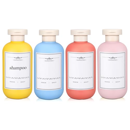 UMETASS 4 Pack 6.8 oz Refillable Travel Shampoo & Conditioner Bottles Orange, Yellow, Pink, Light Blue