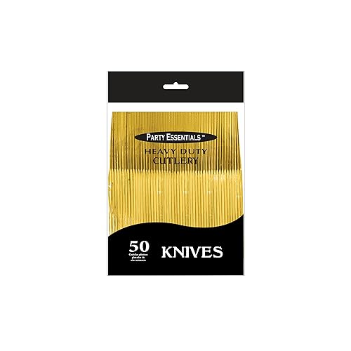 Party Essentials Gold Disposable Knives - 50 Count Heavy-Duty Cutlery