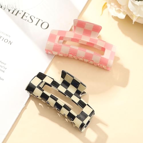 Paderison Pink Checkered Rectangle Claw Hair Clips 2-Pack Strong Hold Y2K Hair Accessories