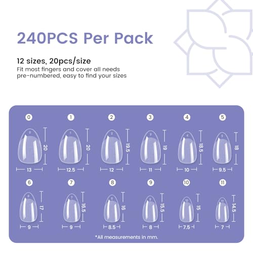 240Pcs Clear Almond Nail Tips – 12 Sizes Full Cover for DIY Salon