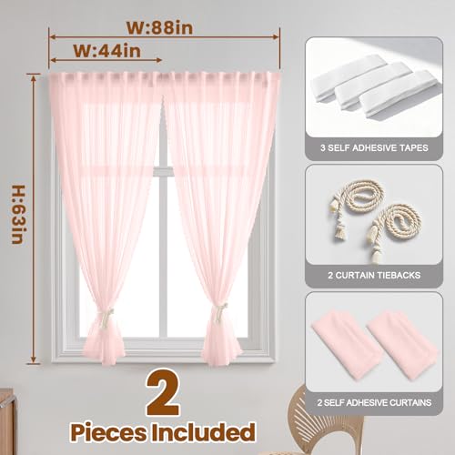 Pink Sheer Gauze Curtains - Self-Adhesive Privacy Panels (44" W x 63" L, 2 Panels)