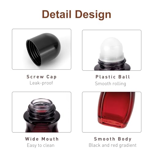 JIUWU 3 Pack 50ml Glass Roller Bottles - Red-Black Gradient, Leak-Proof & Refillable for Essential Oils, Perfumes, and Deodorants