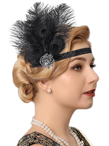 1920s Flapper Headband with Black Feather & Peacock Accent