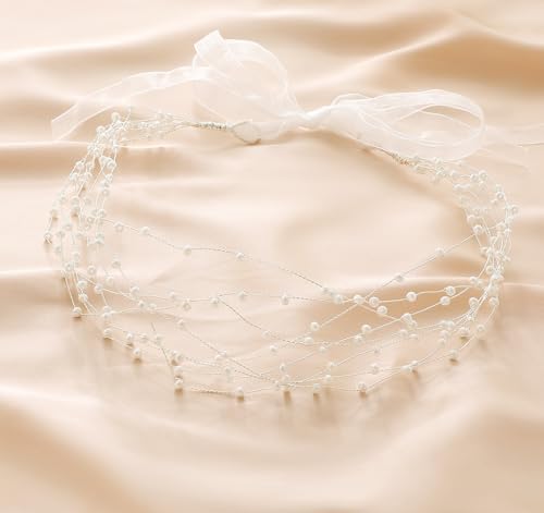 BABEYOND Silver Pearl Bridal Headpiece with Lace Ribbon