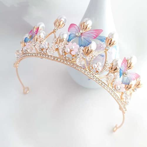 Gold Butterfly Princess Tiara Headband with Pearls & Rhinestones for Wedding Bridal Prom