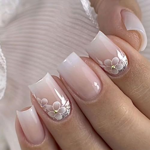 Nailora Press On Nails - Rose Floral Ombre French Tip Gel Fake Nails