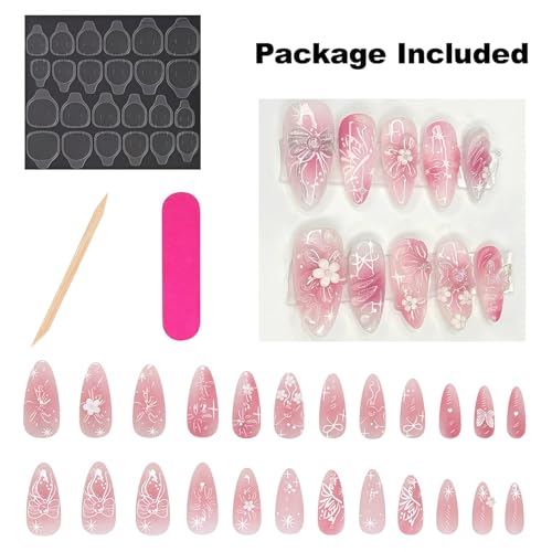 GJJBQTT Pink7 3D Flower Press-On Nails with Butterfly & Bow Design, Medium Almond Fake Nails, Reusable for Women
