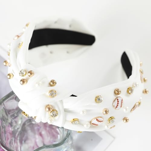 White Baseball Headband for Women - Pearl & Crystal Knotted Design