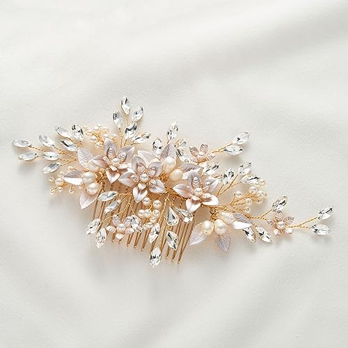 SWEETV Gold Pearl Flower Bridal Hair Comb - Handmade Wedding Accessory