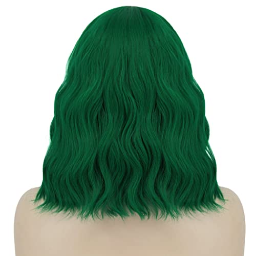 Juziviee Short Green Wavy Bob Wig with Bangs for Cosplay and Parties