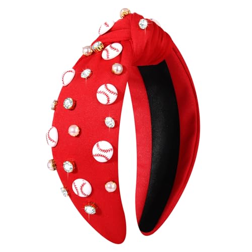 Red Baseball Knotted Headband with Rhinestones, Pearls, and Charms