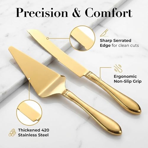 Gold Cake Cutting Set - Stainless Steel Knife & Server for Weddings