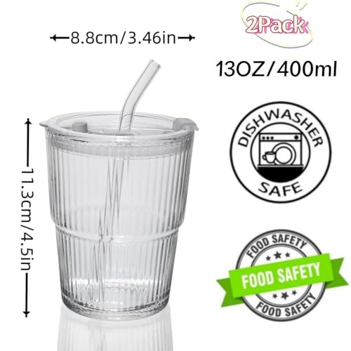 QWEZXO 13oz Glass Coffee Tumbler Set with Lid & Straw - 2 Pack