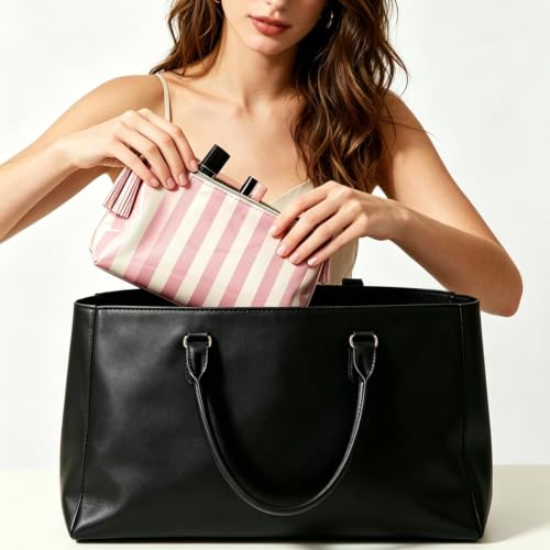 AUONY Waterproof Travel Makeup Bag - Pink & Beige Striped Cosmetic Pouch