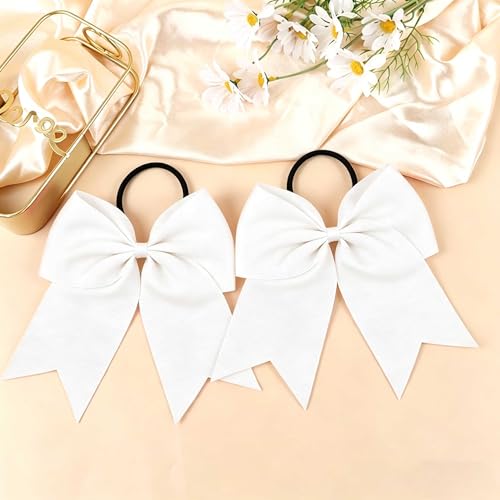 2pcs Cheer Bows for Cheerleaders Elastic Hair Bows - White, 8" Each by Shemboli
