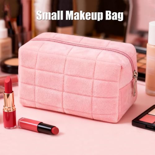 HABUAETY Pink Y2K Checkered Makeup Bag – Small Plush Cosmetic Pouch