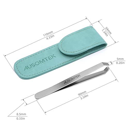 Ausomtek Stainless Steel Beard Tweezers with 5mm Tip - Precision Hair Removal Tool in Cyan Case