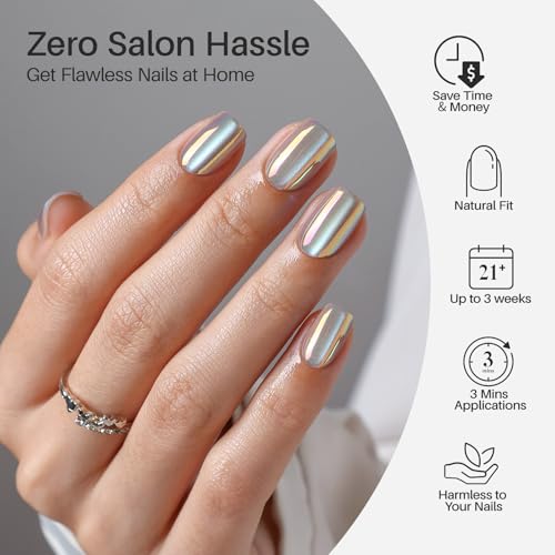 SHANGMENG Moonlight Press on Nails, Short Square Chrome Cat Eye Set, 32Ct