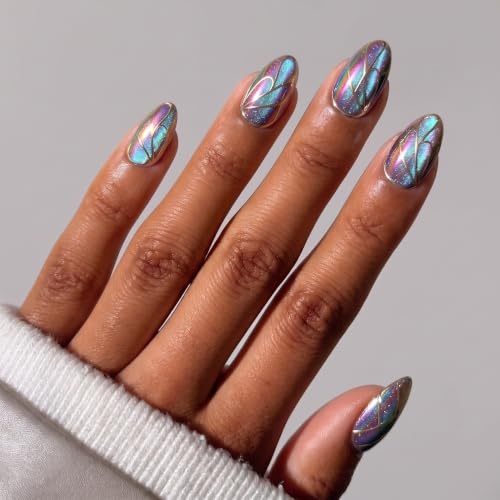 CurvLife Medium Almond Press On Nails - Iris Plume Blue Soft Gel, Reusable, Salon Quality