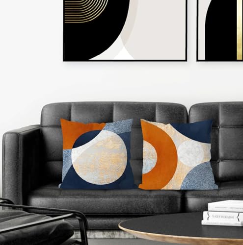 Set of 2 Navy Blue and Orange Decorative Pillow Covers - 18x18