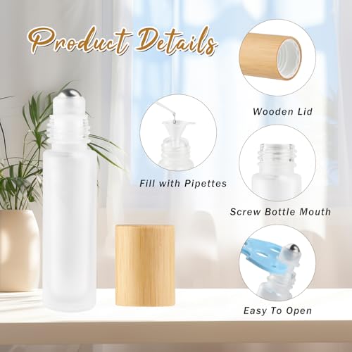 20 Pcs 10ml White Frosted Glass Roller Bottles with Bamboo Lid