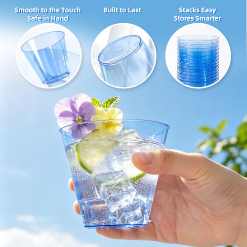 N9R 50 Pack 9 oz Clear Blue Disposable Plastic Cups for Parties
