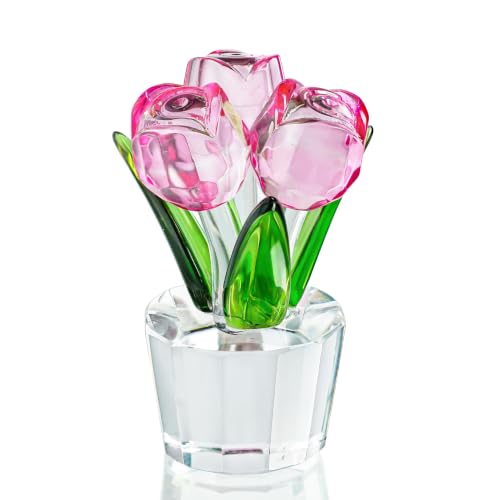 KRISININE Handcrafted Pink Rose Crystal Figurine - 3.2in
