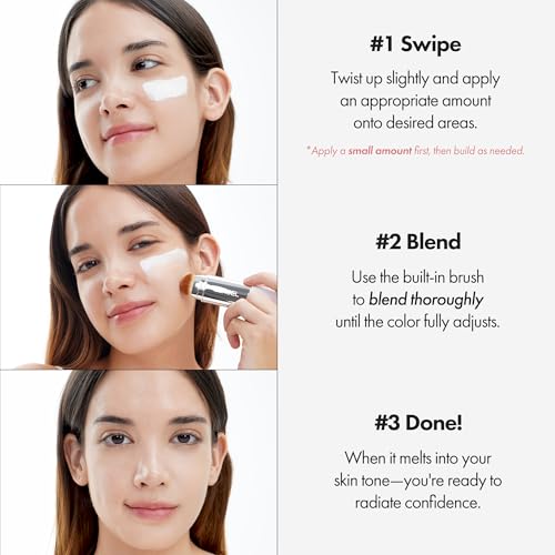 ELROEL Blanc Cover Cream Stick V White - Korean Color-Changing Foundation Stick with Volufiline - Medium to Full Coverage Dewy Finish Base Makeup - Dual-Ended with Detachable Brush (202 Natural)