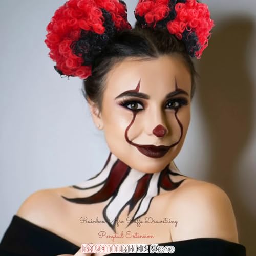 Black Red Afro Puffs Drawstring Ponytail Extensions - 2 Pack Clown Wig