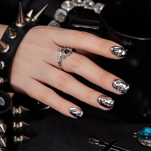 VSALON Short Square Press-On Nails C2-Iron Women Silver Metallic Chrome 3D