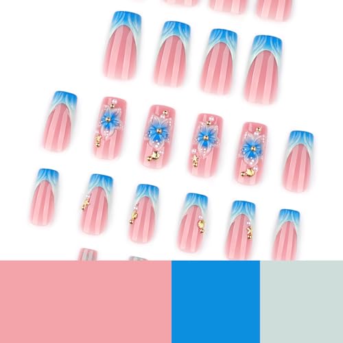 CTTHNBD Blue Flower French Tip Square Press On Nails with Shell Design - Reusable Summer Fake Nails for Women, 24 Pcs