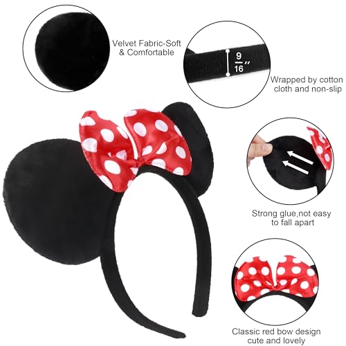 Lucky Will 20 Pack Mouse Ears Headbands with Red Bow - Kids & Adults