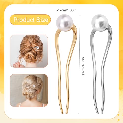 French Pearl Hair Pins 2pcs, Metal U-Shape Hair Clips for Women, Gold & Silver