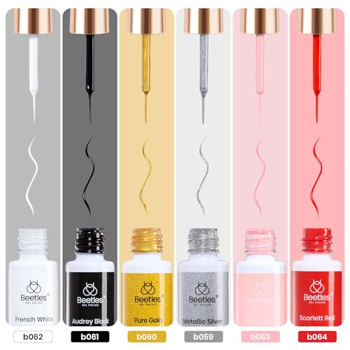 Beetles Gel Nail Art Polish Set D Multicolor 6 pcs French Tip & Glitter Liners